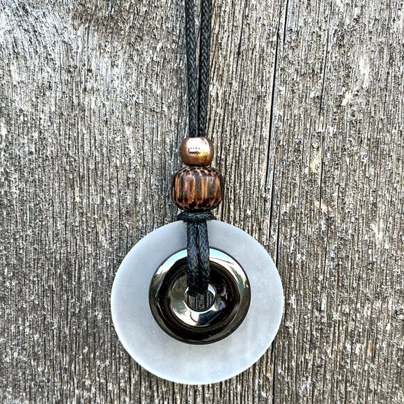 Hematite & White Sea Glass Pendant | Handmade - Picture 5 of 5